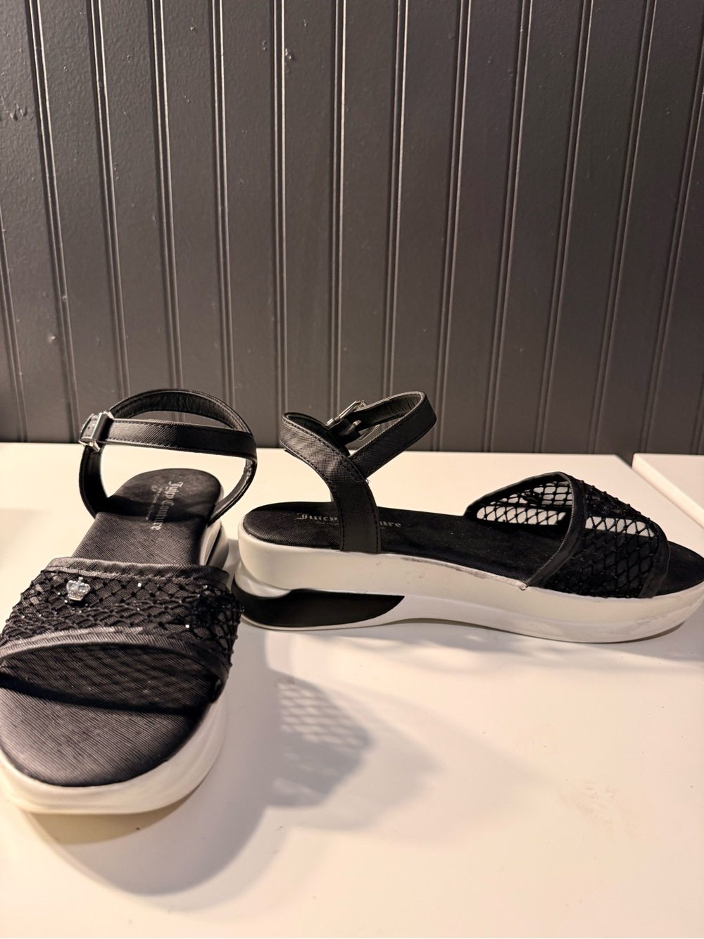 Juicy Couture Black Ankle-Strap Platform Sandals with Mesh Accent - Picture 4 of 16